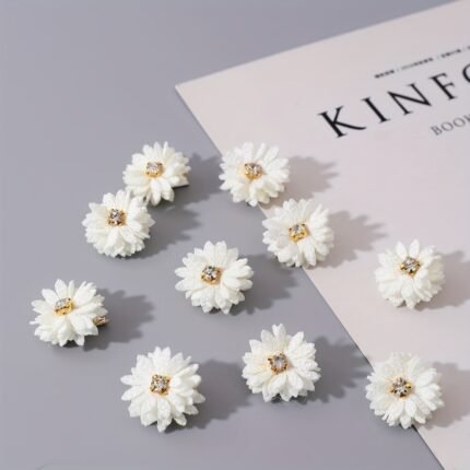 Fabric Flower Hair Clips Set | 10Pcs | Solid Color Floral With Rhinestone Center | For Women | Party, Gathering, Daily Wear, Valentine'S Day | Chinese Style | White