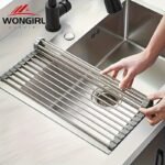 1Pc Deluxe Roll-Up Stainless Steel Dish Drying Rack - Space-Saving Over-The-Sink Design, Portable & Anti-Rust, Easy To Clean Kitchen Sink Organizer For Small Spaces, Dish Drying Rack For Kitchen Counter, Sleek Metallic Finish, Durable Construction