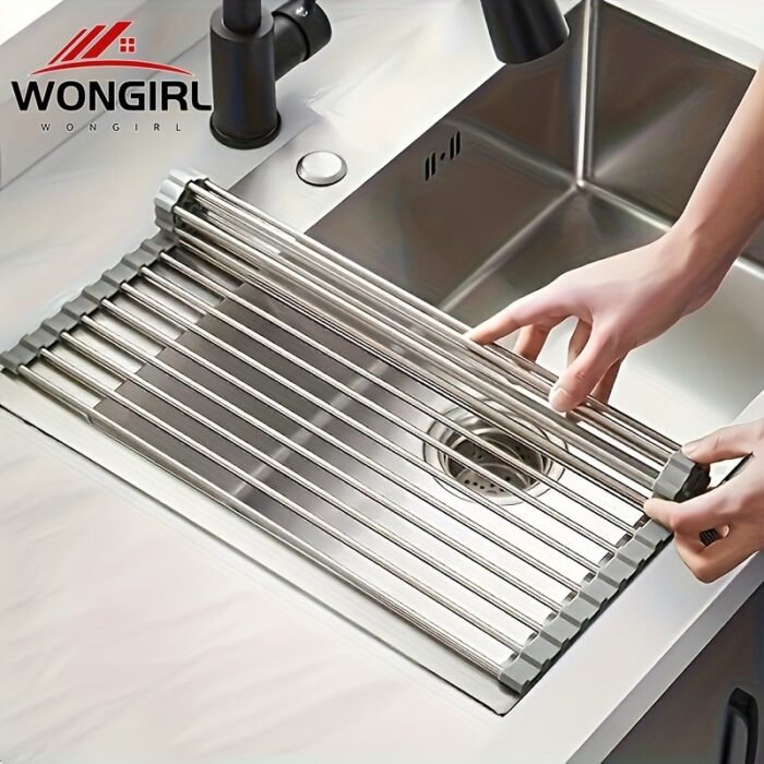 1Pc Deluxe Roll-Up Stainless Steel Dish Drying Rack - Space-Saving Over-The-Sink Design, Portable & Anti-Rust, Easy To Clean Kitchen Sink Organizer For Small Spaces, Dish Drying Rack For Kitchen Counter, Sleek Metallic Finish, Durable Construction - Image 1