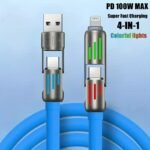 100W Max 4-In-1 Usb-C Cable, Pd Super Fast Charging And Data Synchronization, Silicone Material, Multi-Port Charging With Ccolor Light, Suitable For Iphone, For Macbook, For Ipad, For Samsung, Xiaomi - Image 4