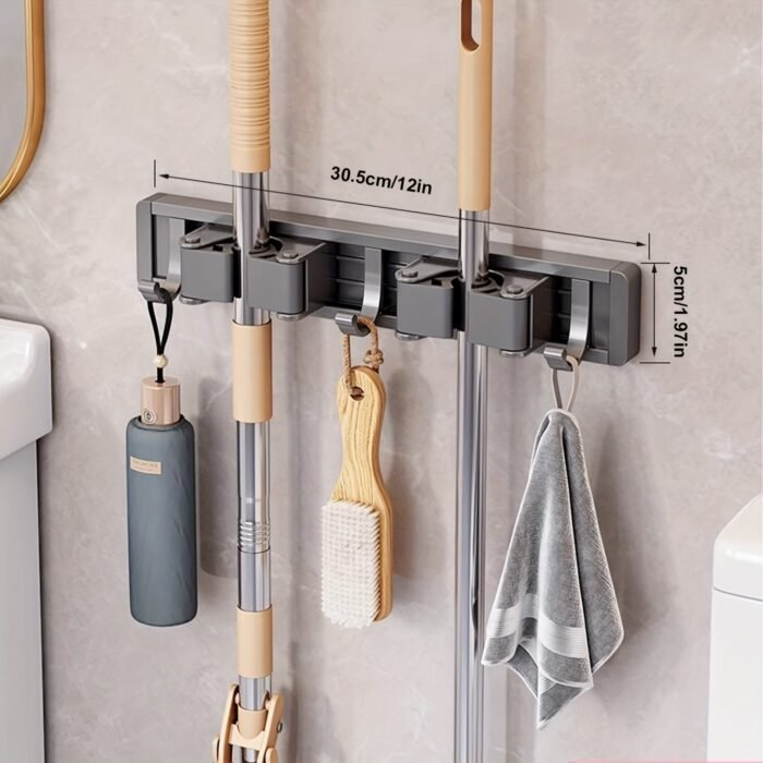 1Pc Bathroom Storage Rack Metal Mop & Broom Holder With Adjustable Hooks, Wall-Mounted Storage Organizer For Home, Kitchen, Garden, Laundry, Garage - Lacquered Finish, Space-Saving Shelf For Mops, Brooms, Tools, Shelves - Image 9