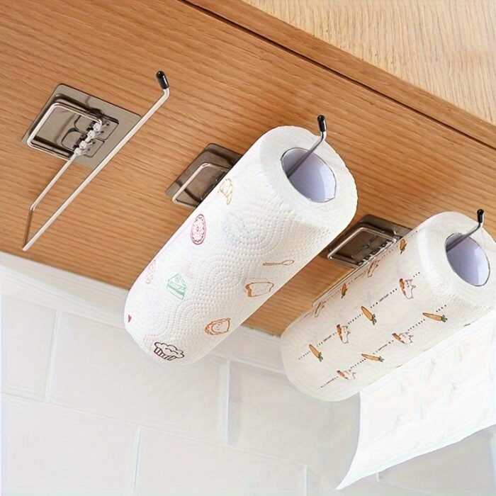 1Pc Paper Towel Holder, Wall-Mounted Stainless Steel Paper Towel Storage Rack, Household Perforation-Free Paper Towel Rack, For Living Room, Bathroom And Kitchen, Home Organizers And Storage, Home Accessories - Image 1