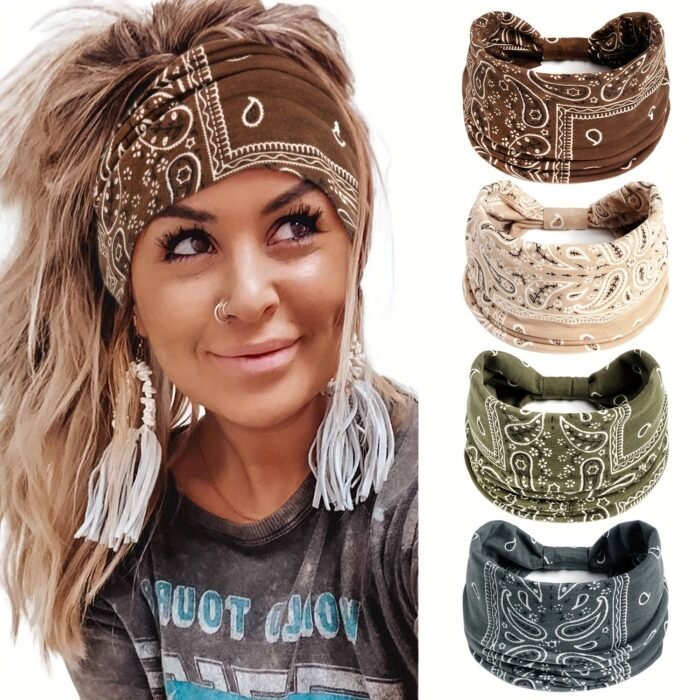 1Pc Boho-Chic Paisley Print Elastic Wide Headband For Women - Sweat Absorbent, Stretchy Yoga & Fitness Hairband With Vintage Bohemian Style, Knot Detail - Available In Brown, Beige, Olive Green, Gray, Yoga Headband - Image 1
