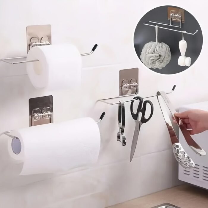 1Pc Paper Towel Holder, Wall-Mounted Stainless Steel Paper Towel Storage Rack, Household Perforation-Free Paper Towel Rack, For Living Room, Bathroom And Kitchen, Home Organizers And Storage, Home Accessories - Image 5