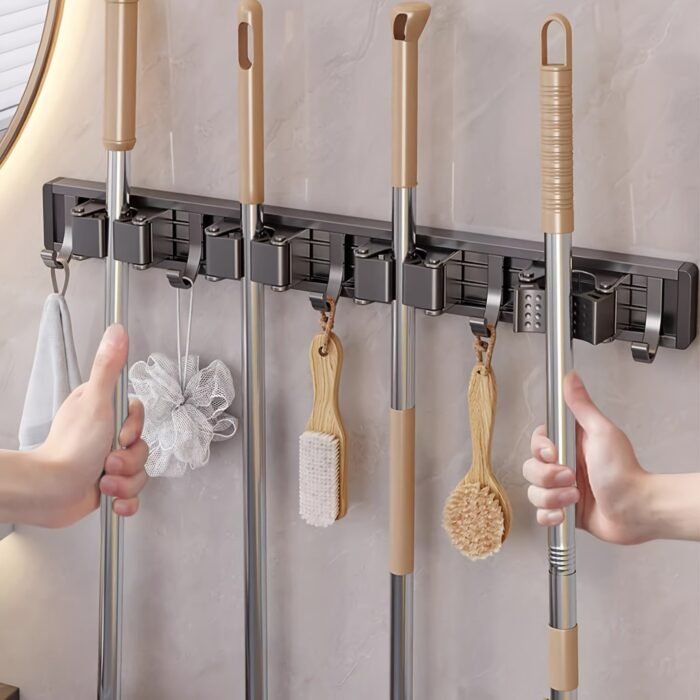 1Pc Bathroom Storage Rack Metal Mop & Broom Holder With Adjustable Hooks, Wall-Mounted Storage Organizer For Home, Kitchen, Garden, Laundry, Garage - Lacquered Finish, Space-Saving Shelf For Mops, Brooms, Tools, Shelves - Image 1