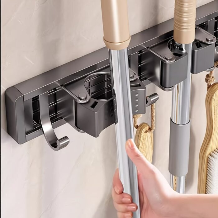 1Pc Bathroom Storage Rack Metal Mop & Broom Holder With Adjustable Hooks, Wall-Mounted Storage Organizer For Home, Kitchen, Garden, Laundry, Garage - Lacquered Finish, Space-Saving Shelf For Mops, Brooms, Tools, Shelves - Image 12
