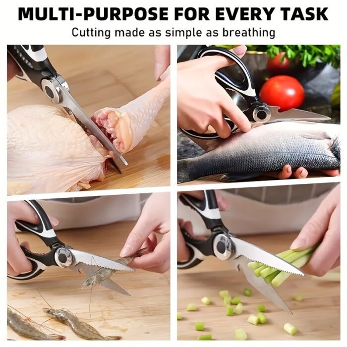 Multi-Purpose Kitchen Shears - Sharp Stainless Steel Food Scissors For Cutting Meat, Fish, And Bones, Ergonomic Black Handles, Ambidextrous Design, Ideal For Home Use, Bbq Essentials, And More, Food Scissors | Serrated Edge Scissors | Durable Kitchen Scissors - Image 7