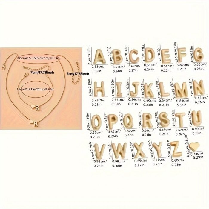 1 Set Vintage Fashion Metal Heart Letter Necklace Bracelet Set European Style 26 English Alphabet Jewelry Set - Image 5