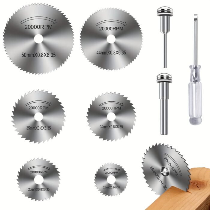 1Set 9Pcs Cutting Wheel Set For Rotary Tool, Saw Blades For Rotary Tool 6Pcs Hss Saw Disc Wheel Cutting Blades With 1Pc 1/8" Round Shank, 1Pc 1/4" Round Shank, One Screwdriver For Wood Plastic Aluminum Cutting - Image 1