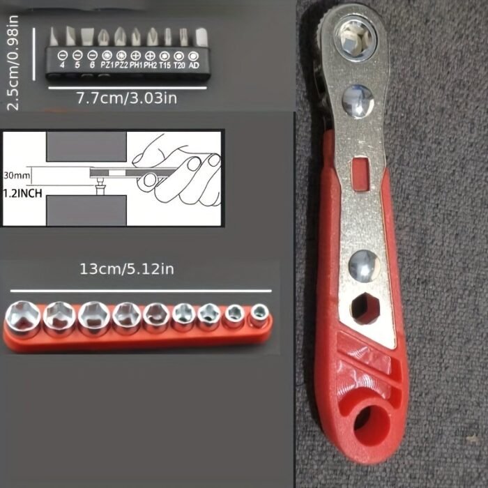 1Pc Red Steel Multi-Function Screwdriver With Ratchet, Elbow Wrench, Right Angle Bender, Cross Head Set - Narrow Space Compatible, Manual Uncharged Tool, No Battery Required - Image 5