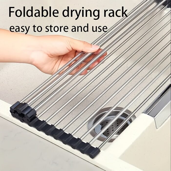 1Pc Deluxe Roll-Up Stainless Steel Dish Drying Rack - Space-Saving Over-The-Sink Design, Portable & Anti-Rust, Easy To Clean Kitchen Sink Organizer For Small Spaces, Dish Drying Rack For Kitchen Counter, Sleek Metallic Finish, Durable Construction - Image 10