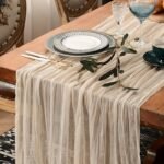 1Pc Bohemian Polyester Table Runner - Beige & White Ruffled Design, Rectangular Fabric With Elegant Floral Accents For Weddings, Parties, And Home Decor, Perfect For Living Room Or Dining Area, Table Decor
