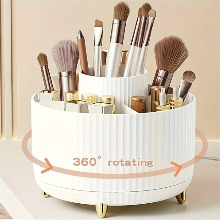 1Pc Aberzey 360? Rotating Makeup Organizer - 5-Compartment Durable Plastic Cosmetic & Desk Storage With Luxury Stripe Design, Freestanding No-Power Rotating Caddy For Brushes, Lipsticks, Skincare, Stationery, Makeup Brush Holder, Sleek Modern Look, Goldtoned Accents - Image 1