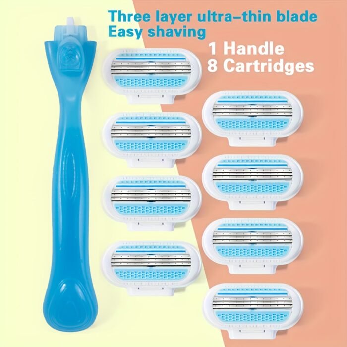 1 Handle + 8 Knife Heads / 8 Knife Heads, Women'S Manual Hair Removal Shaver With 3 Layers Of Stainless Steel Blades And Replaceable Safe Razor Head - Image 5