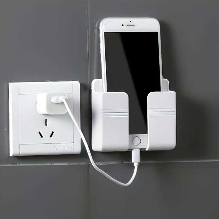 1Pc Wall Mounted Phone Holder, Adhesive Pc Material, No Hole, Remote Control Storage, Made Of Other Plastic, With Smart Phone Charging Station, For Bathroom, Kitchen, Hotel Bedhead - Image 1