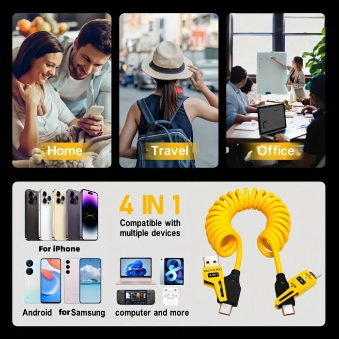 Best Choice 1Pc/5Pcs 65W Zinc Alloy Universal 4-In-1 High-Speed Charging Data Cable, Spring Retractable Cable Compatible With,, S23, S21, One Plus, Mi 13, Huawei, Oppo, Iphone Series Of Products Charging, Car Charging The Best Option - Image 12