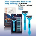 2 Handles + 24/26 Blades / Men'S And Women'S Manual Safety Razor With 3/6 Layers Of Stainless Steel Hair Removal Shaver Blade Replaceable Shaving Head Shaving Tool - Image 3