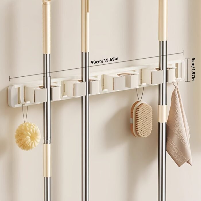 1Pc Bathroom Storage Rack Metal Mop & Broom Holder With Adjustable Hooks, Wall-Mounted Storage Organizer For Home, Kitchen, Garden, Laundry, Garage - Lacquered Finish, Space-Saving Shelf For Mops, Brooms, Tools, Shelves - Image 18