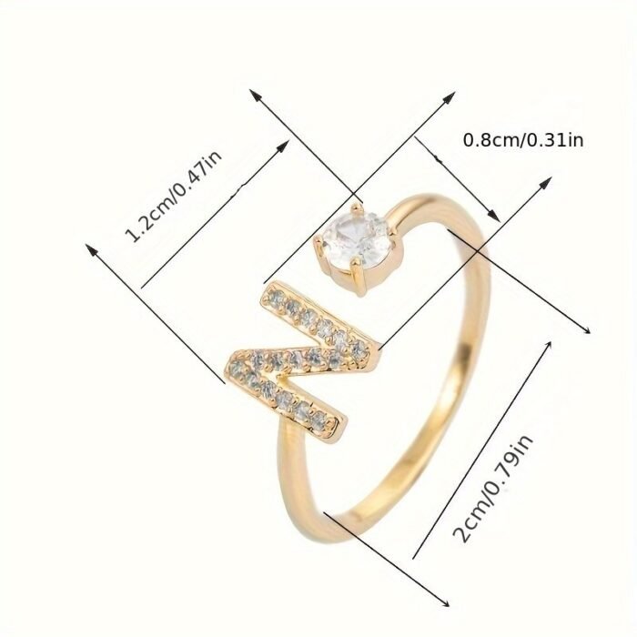 Fashionable 26 English Letters Four-Prong Synthetic Synthetic Zirconia Open Adjustment Ring - Image 6