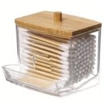 1Pc Oloey Bathroom Swab Holder, 7 Oz Plastic Storage With Bamboo Lid, Unscented, Stylish Organizer For Pads