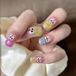 Self-Adhesive Plastic Nail Stickers With Glitter - Cartoon Monster Mouth Design For Girls And Women, Glossy Finish, Round Shape, Single Use Decals With Cartoon Patterns For Plastic Surfaces - Vibrant Monster Mouth Nail Art Decals - Image 2