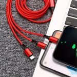 3-In-1 Nylon Braided Usb Cable With Fast Charging, 5-10W Power Delivery, Red & Black, Durable & Flexible Design For Smartphones, Tablets, And Laptops, Smartphone Charging Cable, Multidevice Charging, Modern Cable, Highquality Cable