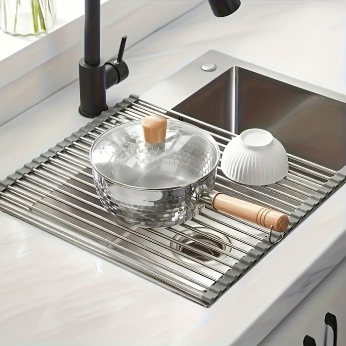 1Pc Deluxe Roll-Up Stainless Steel Dish Drying Rack - Space-Saving Over-The-Sink Design, Portable & Anti-Rust, Easy To Clean Kitchen Sink Organizer For Small Spaces, Dish Drying Rack For Kitchen Counter, Sleek Metallic Finish, Durable Construction - Image 6