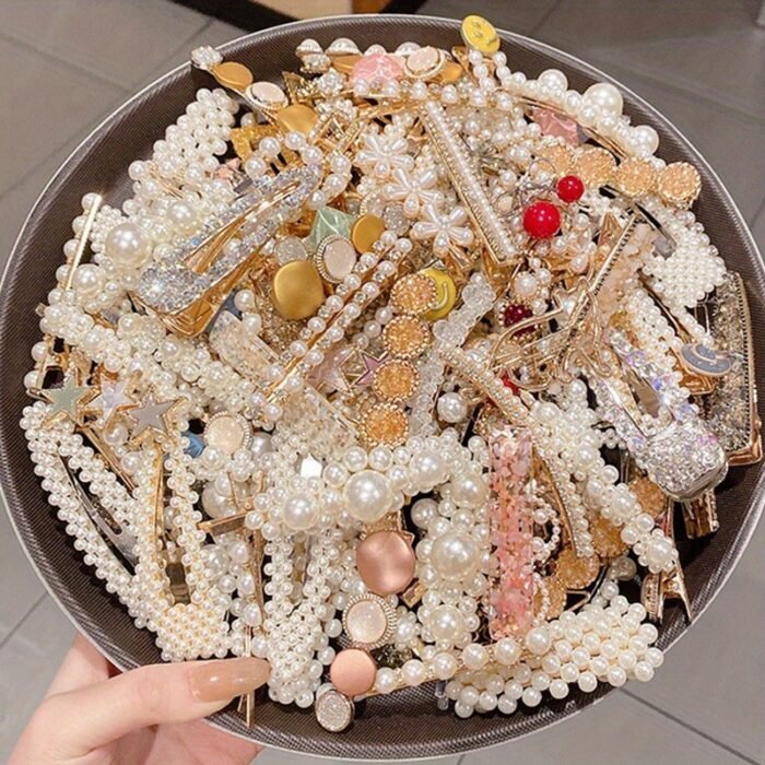 Sweet Style Pearl Hair Clips Set - Elegant Plastic Bow Tie Shaped Barrettes With Korean Fashion Elements, Solid Color Duckbill Grips For Women - Pack Of 10 - Image 4