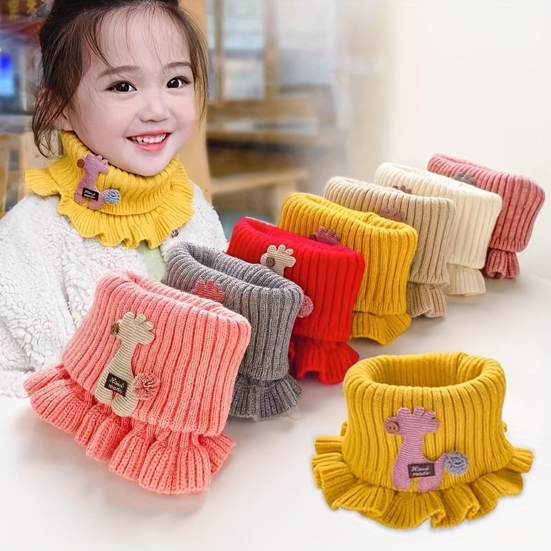 product-Fancyalgo-VirtualModelMatting-0c8d496dfa1e4d468db9560e140c410a.jpg Youngsters' Winter Knitted Bibs - Windproof Warm Ruffled Collar With Cute Cartoon Animal Applique, Soft Multicolor Options For Boys & Girls, Hand Wash/Dry Clean, Mealtime Apparel - Image 1