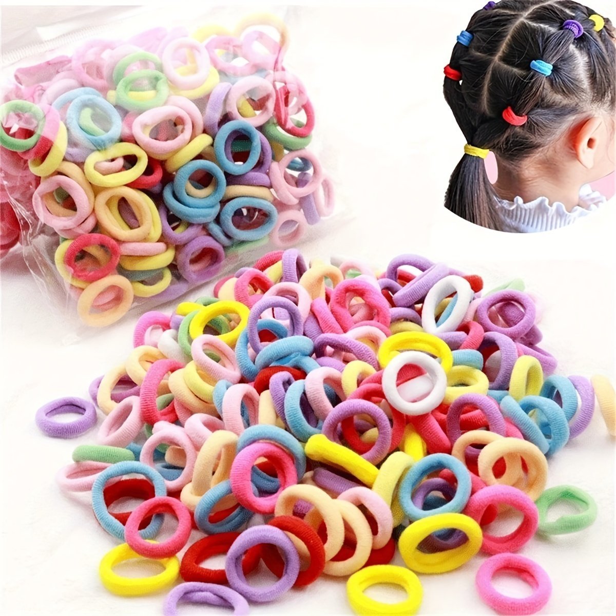 product-Fancyalgo-VirtualModelMatting-1e5e9bc788c3746eed023ce33345ac9b.jpg 100Pcs Girls Colorful Elastic Hair Rings, Mini Scrunchies, Kids Hair Accessories - Image 1