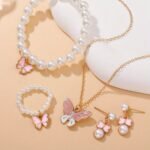 1Set Cute Pearl Butterfly Trendy Necklace Earrings Pearl Bracelet Ring Set For Girls - Image 2