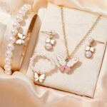 1Set Cute Pearl Butterfly Trendy Necklace Earrings Pearl Bracelet Ring Set For Girls - Image 3