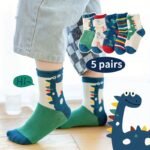 5 Pairs Boys' Cartoon Dinosaur Print Knit Socks - Breathable Polyester Blend, All-Season Casual Socks With Playful Dinosaur & Cloud Designs, Machine Washable For Youngsters & Youngsters, Dinosaur Clothes, Youngsters'S Footwear, Fun Youngsters'S Footwear, Comfortable Youngsters'S Wear, Youngsters Socks, Youngsters Footwear, Fun Patterns, Soft Material, Youngsters - Image 2