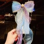 Fantasy Mermaid Princess Hair Ribbon Clip With Butterfly Bow, Gradient Lace Texture, Pearl Tassel Hair Accessory For Long Hair, Beaded Mesh Hairpin For Prom, Trendy Ponytail Streamer Clip - Image 10