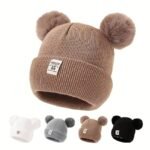 Winter Knitted Hat With Adorable Bear Ears & Pom-Pom - Stretchy Breathable Warm Beanie For Girls & Boys, Christmas Gift, White, Winter Hat, Festive Babywear, Cartoonish Cozy Style