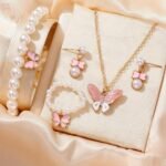1Set Cute Pearl Butterfly Trendy Necklace Earrings Pearl Bracelet Ring Set For Girls