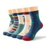 5 Pairs Boys' Cartoon Dinosaur Print Knit Socks - Breathable Polyester Blend, All-Season Casual Socks With Playful Dinosaur & Cloud Designs, Machine Washable For Youngsters & Youngsters, Dinosaur Clothes, Youngsters'S Footwear, Fun Youngsters'S Footwear, Comfortable Youngsters'S Wear, Youngsters Socks, Youngsters Footwear, Fun Patterns, Soft Material, Youngsters - Image 7