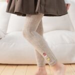 Kids' Base Pants, Girls' Spring/Autumn Vertical Stripe Slim Fit Knit Socks Embroidered Casual 9/10 Pants