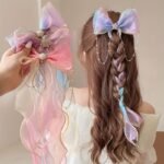 Fantasy Mermaid Princess Hair Ribbon Clip With Butterfly Bow, Gradient Lace Texture, Pearl Tassel Hair Accessory For Long Hair, Beaded Mesh Hairpin For Prom, Trendy Ponytail Streamer Clip