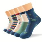 5 Pairs Boys' Cartoon Dinosaur Print Knit Socks - Breathable Polyester Blend, All-Season Casual Socks With Playful Dinosaur & Cloud Designs, Machine Washable For Youngsters & Youngsters, Dinosaur Clothes, Youngsters'S Footwear, Fun Youngsters'S Footwear, Comfortable Youngsters'S Wear, Youngsters Socks, Youngsters Footwear, Fun Patterns, Soft Material, Youngsters - Image 9