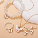 1Set Cute Pearl Butterfly Trendy Necklace Earrings Pearl Bracelet Ring Set For Girls - Image 6