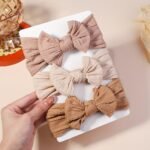 3-Pack Darni Baby Hair Bands - Elastic Hair Ties With Bow Design, Soft Breathable Fabric For Infants, Mixed Colors (Beige/Black/White/Pink/Blue/Grey) - Secure Head Warmer & Everyday Hair Accessories, Infant Hair Accessories, Playful Infant Accessories, Comfortable Infant Wear - Image 6