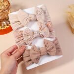 3-Pack Darni Baby Hair Bands - Elastic Hair Ties With Bow Design, Soft Breathable Fabric For Infants, Mixed Colors (Beige/Black/White/Pink/Blue/Grey) - Secure Head Warmer & Everyday Hair Accessories, Infant Hair Accessories, Playful Infant Accessories, Comfortable Infant Wear - Image 3