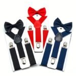 Boys And Girls Universal Solid Color 3-Clip Y-Style Suspenders And Bow Tie Set Youngsters'S Suspenders + Bow Tie Two-Piece Set