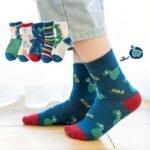 5 Pairs Boys' Cartoon Dinosaur Print Knit Socks - Breathable Polyester Blend, All-Season Casual Socks With Playful Dinosaur & Cloud Designs, Machine Washable For Youngsters & Youngsters, Dinosaur Clothes, Youngsters'S Footwear, Fun Youngsters'S Footwear, Comfortable Youngsters'S Wear, Youngsters Socks, Youngsters Footwear, Fun Patterns, Soft Material, Youngsters - Image 4