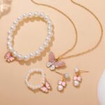 1Set Cute Pearl Butterfly Trendy Necklace Earrings Pearl Bracelet Ring Set For Girls - Image 4