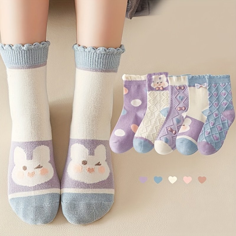 product-Fancyalgo-VirtualModelMatting-e041e8ff60af5f055774f2343a7441f7.jpg 5 Pairs Girl'S Polka Dot Rabbit Cute Pattern Socks, Breathable Comfy Crew Socks, Children'S Trendy Summer Spring Socks - Image 1