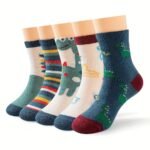 5 Pairs Boys' Cartoon Dinosaur Print Knit Socks - Breathable Polyester Blend, All-Season Casual Socks With Playful Dinosaur & Cloud Designs, Machine Washable For Youngsters & Youngsters, Dinosaur Clothes, Youngsters'S Footwear, Fun Youngsters'S Footwear, Comfortable Youngsters'S Wear, Youngsters Socks, Youngsters Footwear, Fun Patterns, Soft Material, Youngsters - Image 5