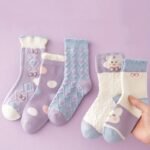 5 Pairs Girl'S Polka Dot Rabbit Cute Pattern Socks, Breathable Comfy Crew Socks, Children'S Trendy Summer Spring Socks - Image 3