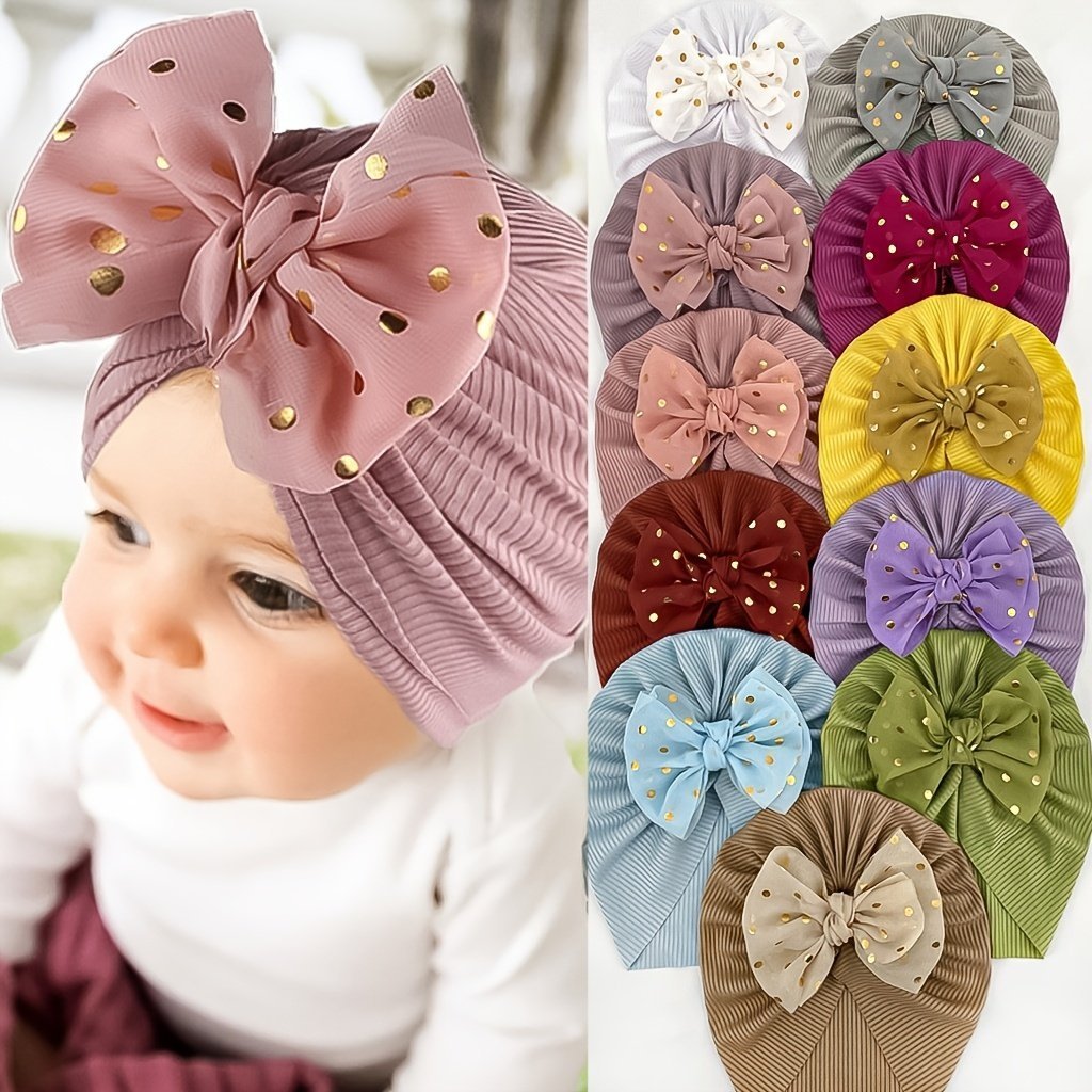product-Fancyalgo-VirtualModelMatting-f5bec9e23cc8b4dddc2ce1119e4b4fb0.jpg Newborn Infant Polka Dot Printed Bow Elastic Head Wrap, Turban Headwear Cap For Toddlers, Baby Girls And Boys - Image 1